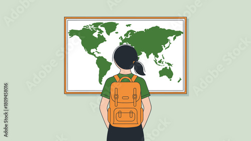 A girl with a backpack looking at a world map hanging on the wall in a light green colored room