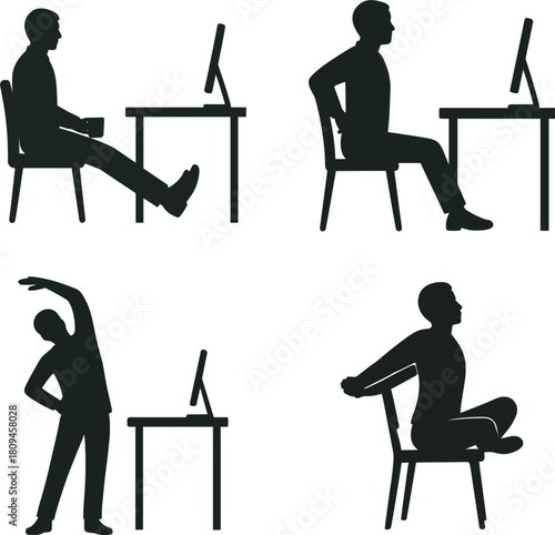 Office worker stretching after long work silhouette Four Silhouette Poses of a Person at a Desk Doing Stretches