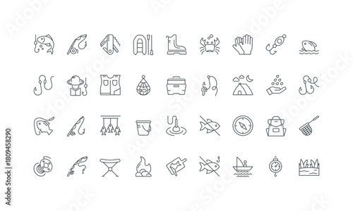 Fishing rod and hooks, waders and folding chair, net thin black and red outline symbols vector illustration Fishing for hobby and recreation, fisherman equipment to catch fish, camp line icon set.