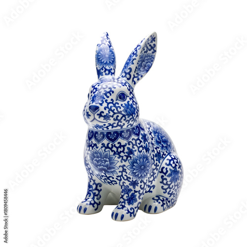 Elegant Blue  White Ceramic Rabbit Figurine  Decorative Home Art Object