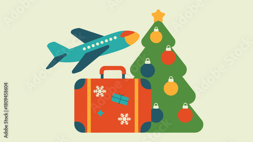 A cartoon style image showing an airplane a suitcase and a christmas tree with ornaments and a star