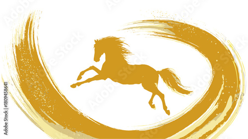 黒い和風水墨画の馬が新年の空へ金の馬がきらきら駆ける希望の瞬間と新年を祝う金色の風