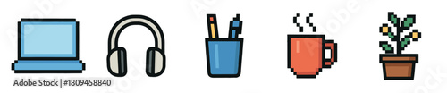Colorful 8-bit pixel art illustration set of office and desk accessories with a monitor, headphones, stationery, a hot drink, and a small houseplant for a modern workspace