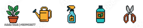 Set of colorful pixelated icons for gardening and horticulture, featuring a houseplant, watering can, sprayer, plant food, and pruning scissors in a classic video game aesthetic