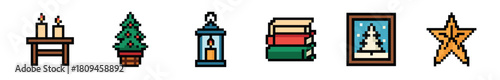 A collection of festive holiday pixel art icons including a Christmas tree, candles, lantern, books, and a star ornament in a retro 8-bit video game style