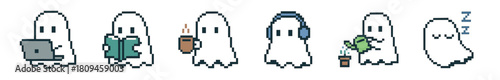 A charming collection of cute pixel art ghosts engaged in various daily activities like working, reading, listening to music, watering a plant, drinking coffee, and sleeping