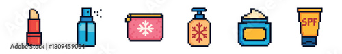A vibrant collection of pixel art style cosmetic and skincare products, including lip balm, spray, moisturizers, and sunscreen, presented in a playful and retro digital aesthetic