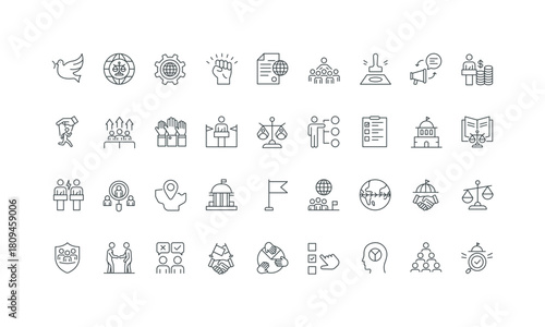 President and government of country, activism thin black and red outline symbols vector illustration Politics and democracy, politicians and election, equality policy and constitution line icon set.