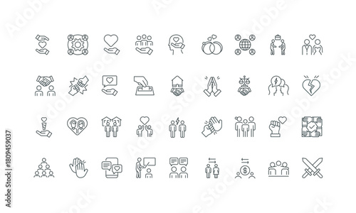 Teacher and student, partners, organization members thin black and red outline symbols vector illustration Relationships in family and couple of lovers, friendship and teamwork line icon set.
