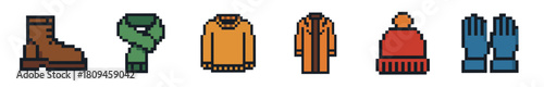 Six distinct pixelated apparel and accessory items, including a brown boot, green scarf, orange top, long coat, red hat, and blue trousers, rendered in a classic 8-bit video game aesthetic