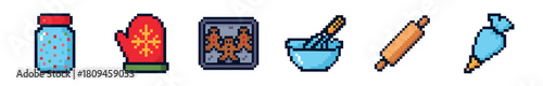 A set of six pixelated kitchen icons for baking, featuring a sprinkle shaker, oven mitt, flour, whisk, rolling pin, and icing bag in a colorful retro digital art style