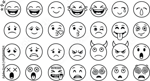 Collection of hand drawn emoji faces expressing different emotions and feelings