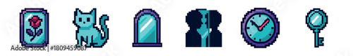 A collection of magical and mysterious items in a retro 8-bit pixel art style, featuring a cat, an enchanted rose, a vintage clock, a key, a mirror, and a couple's silhouette
