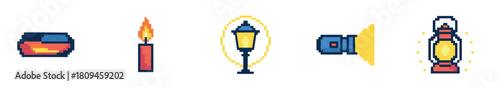 A set of pixel art icons featuring various light sources with a warm glow, including a burning candle, a street lamppost, a wall sconce, and a classic portable lantern