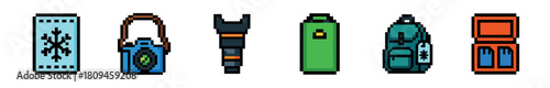 A colorful collection of pixel art icons representing winter travel and adventure gear, including a backpack, lantern, flashlight, and thermos for a retro video game inventory