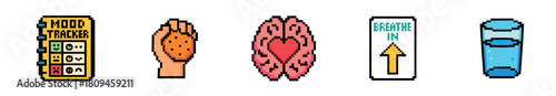 A vibrant pixel art set of self-care and mental health icons, featuring a mood tracker, a hand holding a cookie, a brain with a heart, a 'breathe in' sign, and a glass of water, 8-bit style