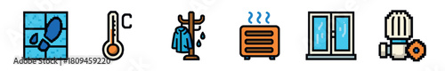 Colorful pixel art collection showing various winter and heating objects such as a frosted window, a Celsius thermometer, a dripping coat, an electric heater, and a radiator valve