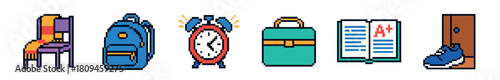 A vibrant pixel art illustration of school and daily life objects, featuring a backpack, ringing alarm clock, lunchbox, and an open book with an A+ grade, in a charming retro 8-bit digital style