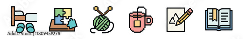 A charming set of colorful icons illustrating cozy indoor activities and hobbies, featuring a bed, puzzle, knitting, mug, drawing, and book in a mixed line art and pixel art style