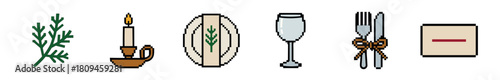 Retro 8-bit pixelated graphic set featuring elegant dining elements like a candle, plate, glass, fork, knife, herb, and menu for a special occasion or celebration