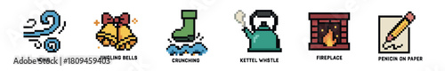 A horizontal display of six colorful pixel art icons, depicting wind, jingling bells, a crunching boot, a whistling kettle, a burning fireplace, and a pencil drawing on paper