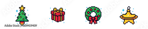 A vibrant collection of four pixel art Christmas icons, featuring a festive tree, a wrapped gift, a traditional wreath, and a sparkling ornament, rendered in a charming retro video game style