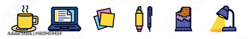 A colorful pixel art collection of office and study essentials, including a steaming beverage mug, a laptop with a document, stacked papers, pens, a pencil holder, and a bright desk lamp