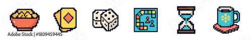 A vibrant collection of six pixel art icons, depicting a bowl of french fries, a yellow banana, a pair of dice, a colorful board game, a classic hourglass, and a blue mug with a snowflake design