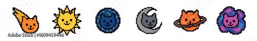 A row of six cute pixel art cat heads, each stylized as a different celestial body like a comet, sun, planet, moon, Saturn, and a nebula, presented in a charming retro video game style