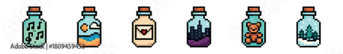 Six pixel art bottles, corked and arranged in a row, each containing a unique miniature world: musical notes, a beach, a message, a cityscape, a teddy bear, and a winter forest, 8-bit style