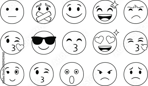 Hand drawn emoji icons collection expressing various emotions and feelings
