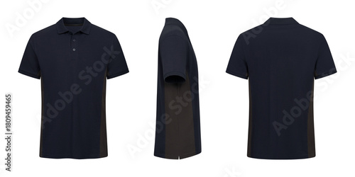 Three views of a dark blue cotton polo shirt on white background