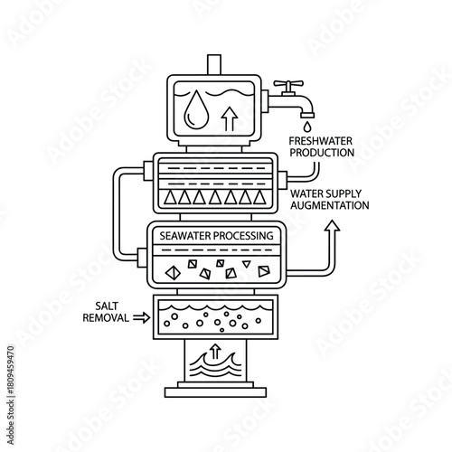 Seawater processing and desalination diagram for fresh water production