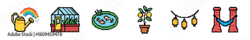 A vibrant collection of pixel art icons featuring a watering can with a rainbow, a greenhouse, a fishpond, a potted lemon tree, string lanterns, and a hammock