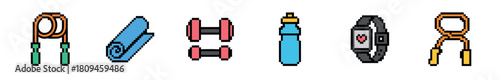 A vibrant collection of pixel art fitness equipment including a jump rope, rolled yoga mat, dumbbells, water bottle, fitness tracker, and hand gripper, presented in a retro 8-bit style