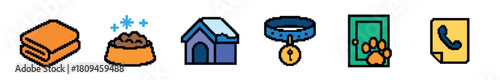 A charming pixel art collection of dog care essentials, featuring a cozy blanket, a fresh food bowl, a snowy dog house, a blue collar with a key tag, a paw print door, and a phone icon