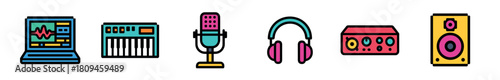 A collection of colorful outlined icons representing music production equipment, featuring a laptop with a waveform, a MIDI keyboard, a microphone, headphones, an audio interface, and a studio monitor