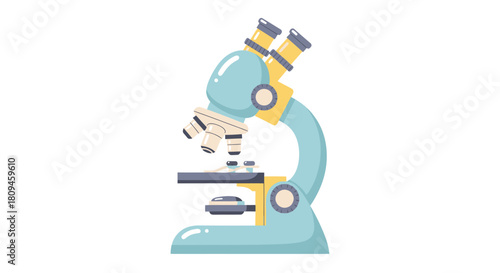 Illustration of a light blue and yellow microscope on a white background.