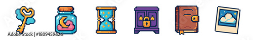 A collection of colorful pixel art fantasy items including a golden key, a potion bottle, an hourglass, a treasure chest, an old book, and a polaroid photo, presented in a charming retro game style