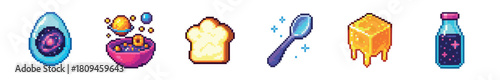 A vibrant collection of pixel art game assets featuring magical food and fantasy items like a cosmic egg, potion, bread, sparkling spoon, dripping honey, and a bottled elixir