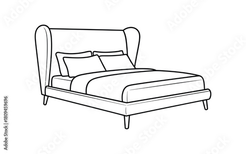 Elegant wingback bed sketch with pillows and duvet