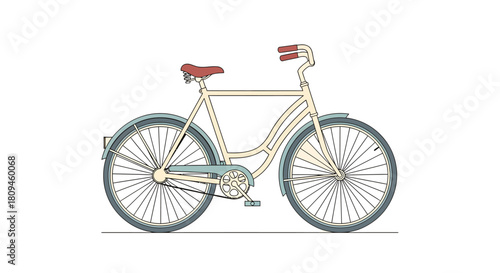Illustration of a vintage bicycle with a cream frame, blue fenders, and a red seat and handlebars.