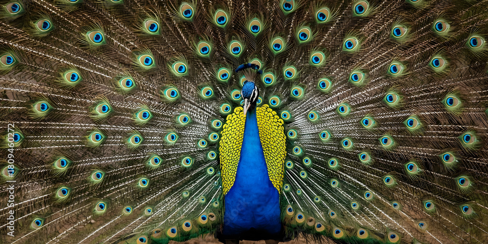 Obraz premium Detailed close-up of a peacock showing intricate textures of its feather patterns.