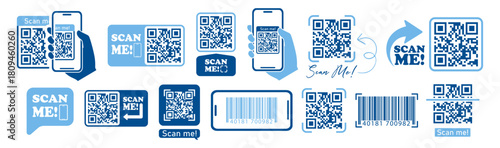 QR code set for smartphone scan me icons, barcode payment elements and mobile app design on transparent background