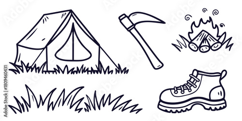 Camping equipment including a tent, axe, campfire, and boot are illustrated on a white background.