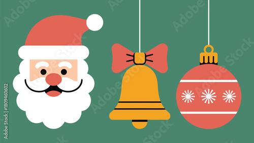 A christmas themed illustration with santa claus bell and ornament on a green colored background