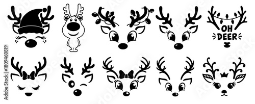 Christmas reindeer faces silhouettes bundle. Rudolph heads with antlers, Santa hat, lights