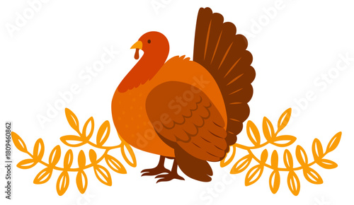 Thanksgiving day autumn harvest header ornament with turkey centerpiece, farmhouse fall decorative border divider flourish