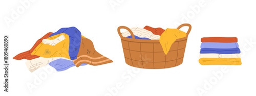 Pile of dirty laundry. Laundry basket and stack of clean clothes. Flat vector isolated illustration