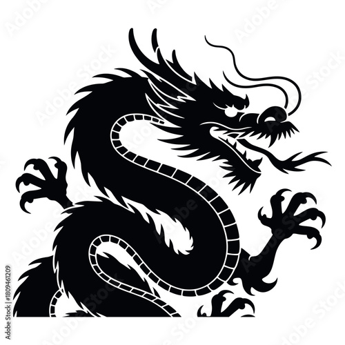 Majestic dragon silhouette isolated on white background, a symbol of power and mystique, embodying ancient lore and cultural significance in its design